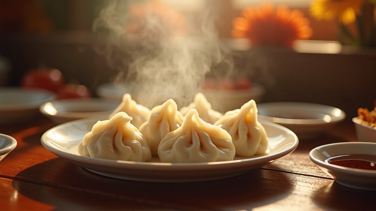 The scene captures the essence of winter's beginning. A beautiful plate of hot dumplings sits at the center, with their crystal-clear skin revealing the plump fillings inside. Steam rises gently, suggesting freshness and warmth. Surrounding the plate are warm indoor elements indicative of a cozy gathering. Small dipping dishes hold soy sauce and vinegar, enhancing the inviting atmosphere of family and comfort during winter. The soft lighting complements the rich details, making it a perfect depiction of a warm meal shared among loved ones.