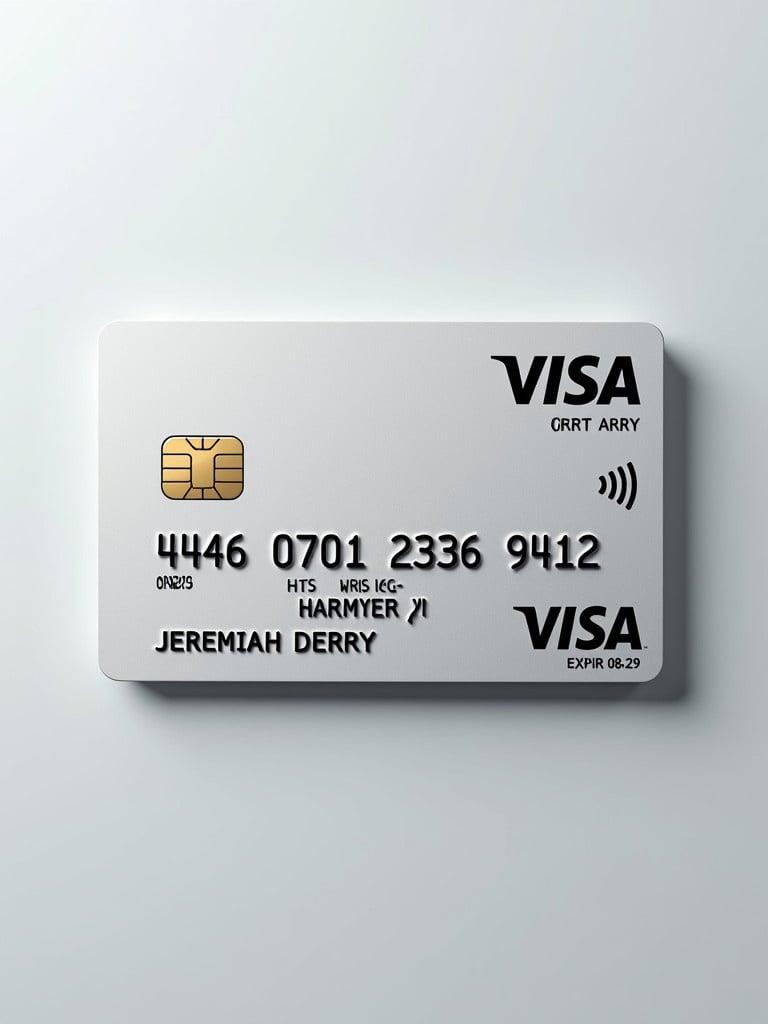 Realistic image features a credit card. Card shows Visa logo prominently. Card number appears clearly. Name well aligned under the logo. Expiry date shown. Background is clean and silver with bold black font.