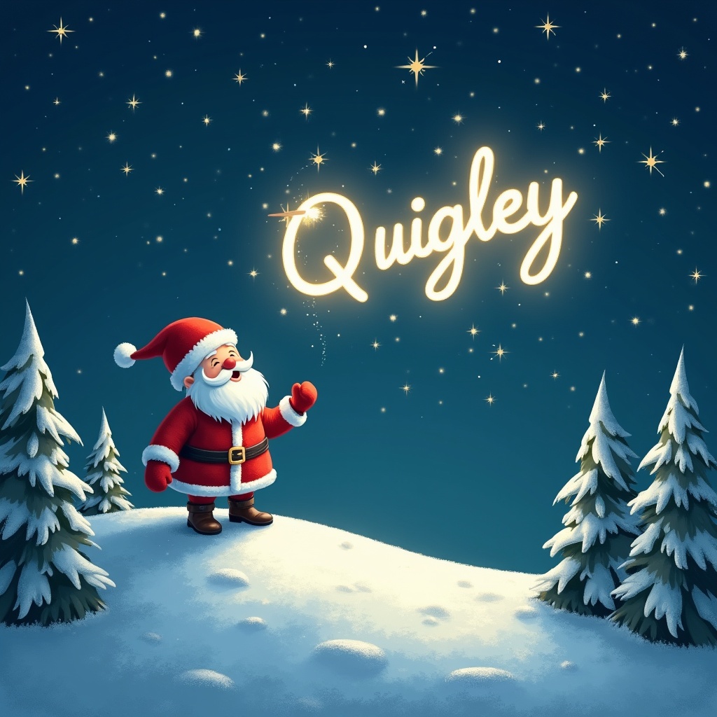 An enchanting and magical scene of Santa Claus standing on a snowy hill at night. He is writing 'Quigley' in the sky with a soft glowing light. The background has stars twinkling brightly. Snow-covered trees dot the landscape. The overall atmosphere is festive and cheerful, embodying the spirit of Christmas in a whimsical manner.