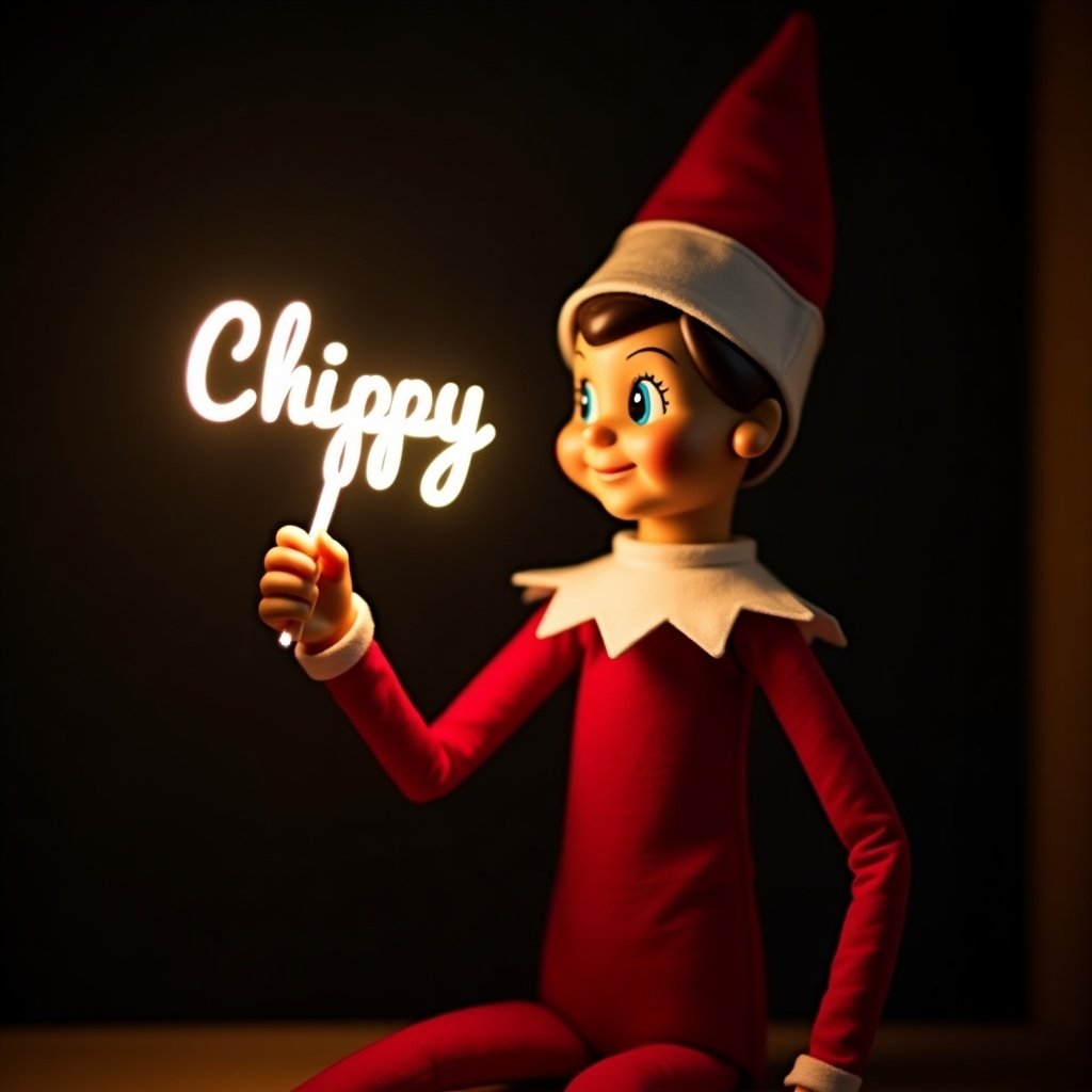 Elf on the Shelf character dressed in red and white attire, holding a glowing stick with the name 'Chippy', dark background enhances glowing effect, warm festive atmosphere, evokes magic and cheer of holiday season.