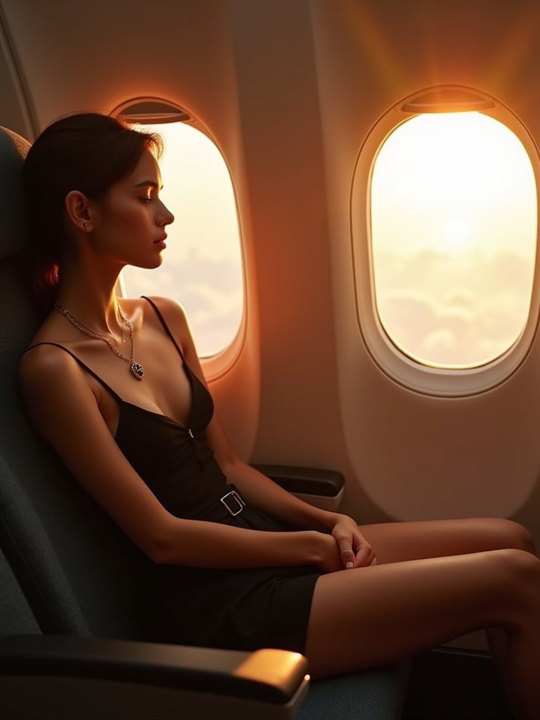 A girl sits comfortably by the window of an airplane. She enjoys the warm sunlight filling the space. She wears black shorts and accessorizes with jewelry. The warm light creates a cozy atmosphere.