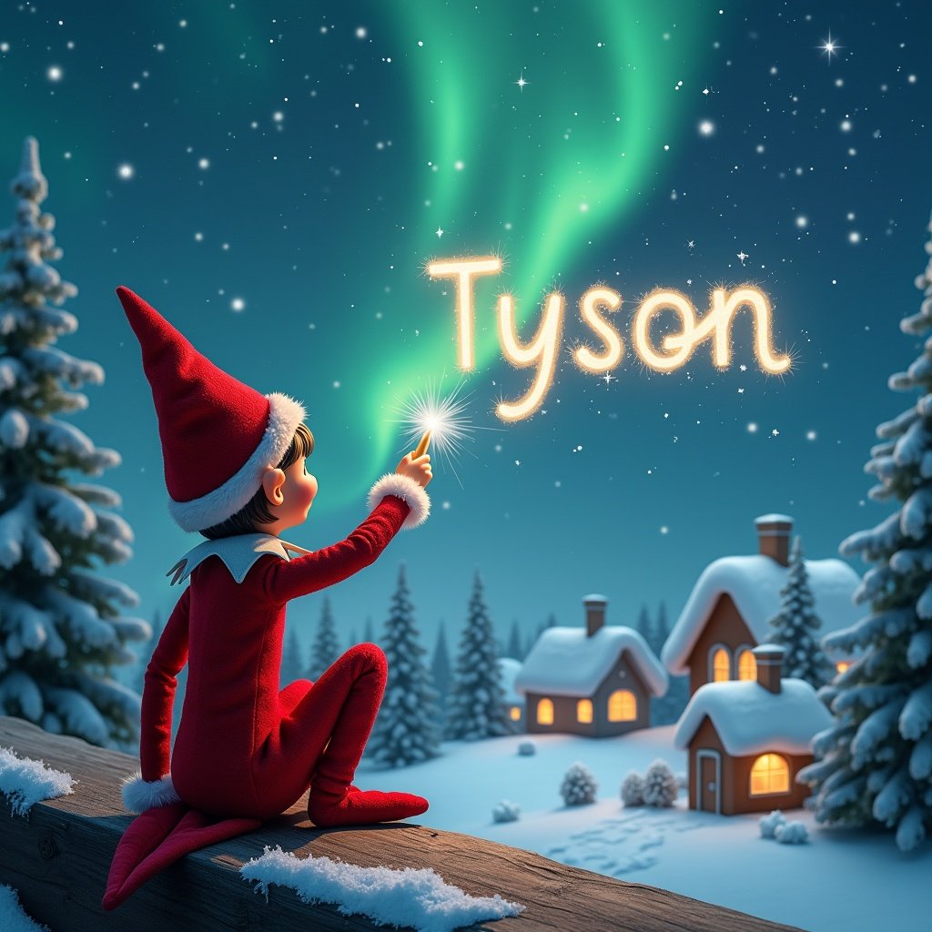 Elf sits on wooden ledge. Elf wears red outfit and pointed hat. Elf holds sparkling wand. Elf writes Tyson in magic sky. Background shows snowy landscape with houses and evergreen trees. Northern Lights shimmer above. Scene captures childhood magic and Christmas cheer.