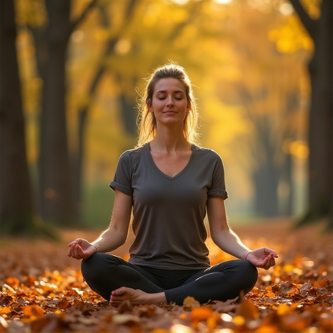 A woman is meditating in a yoga pose surrounded by fallen autumn leaves in a sunny forest.