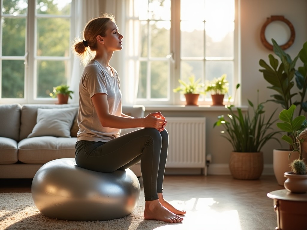 This image features a cute young Danish woman sitting peacefully on a silver yoga ball in a sunny living room. The room is bathed in natural light, with large windows showcasing a serene outdoor view. Potted plants add a touch of greenery, enhancing the tranquil atmosphere. The woman appears relaxed, suggesting a moment of mindfulness or meditation. Her casual attire complements the cozy decor of the space, creating a warm and inviting environment.