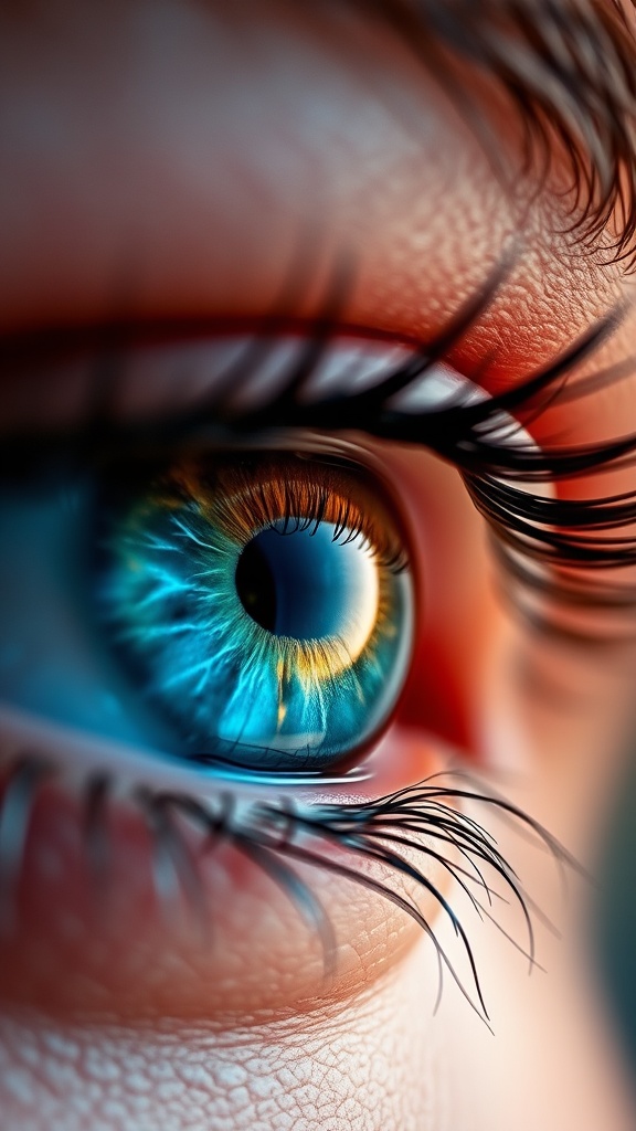 A close-up, vibrant depiction of a colorful human eye with intricate details.