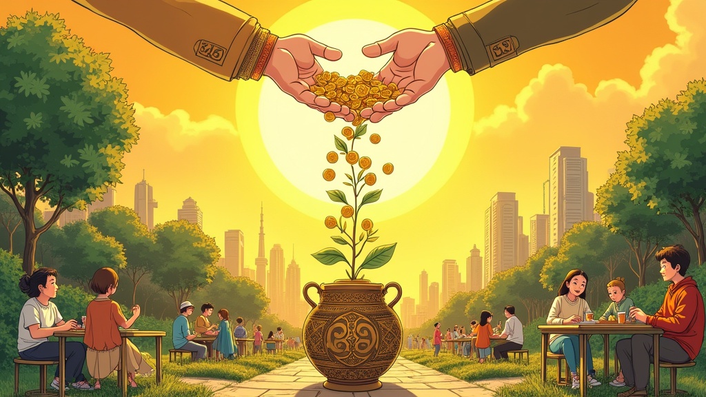 A Solarpunk illustration features hands pouring gold coins into a nature-inspired donation bowl. Community members gather around sharing food and supporting each other. The background has green trees and a vibrant cityscape. The scene is filled with warm light, giving a feeling of hope.