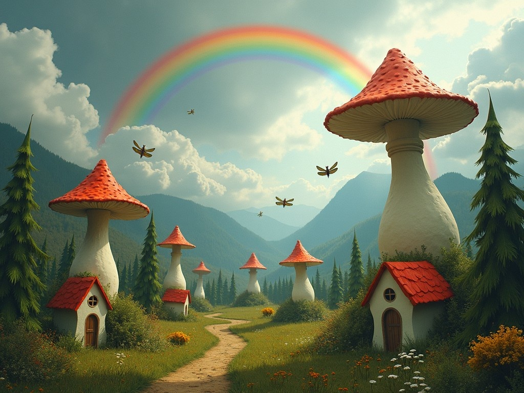 The setting is a whimsical forest where the trees are uniquely shaped like bottles. It's mid-day, and the sky is overcast, creating a soft, diffused light across the landscape. In the background, a vibrant rainbow arches over majestic mountains, adding a splash of color. In the foreground, charming houses shaped like toadstools dot the path, inviting viewers into this fairy-tale realm. Interestingly, the clouds overhead resemble playful dragonflies, enhancing the dreamlike atmosphere.