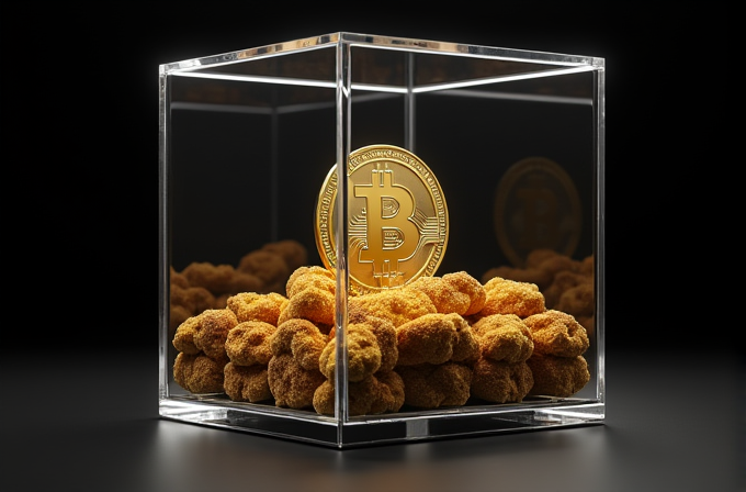 A large, golden Bitcoin is displayed inside a transparent glass cube, surrounded by golden nuggets, set against a dark backdrop.