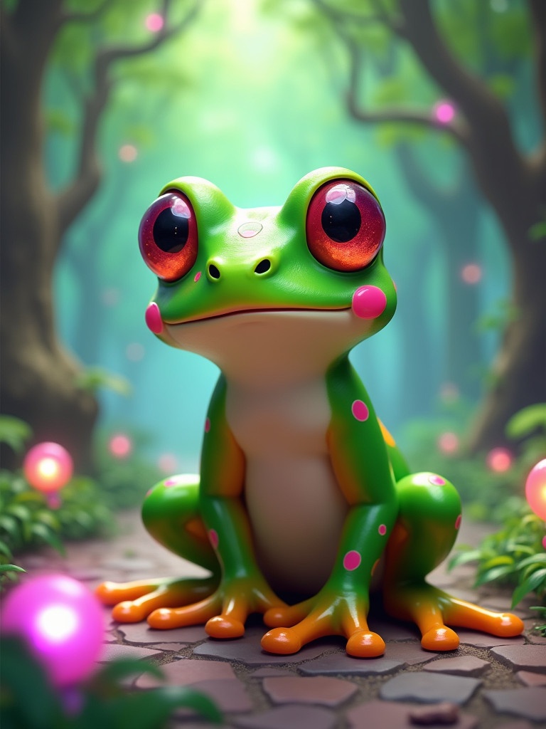 Vibrant whimsical frog in fantasy setting. Bright green skin with pink markings. Large expressive eyes. Sitting on a path surrounded by greenery. Glowing orbs emitting magical aura. Soft colorful light filtering through trees. Art style resembles fantasy games.