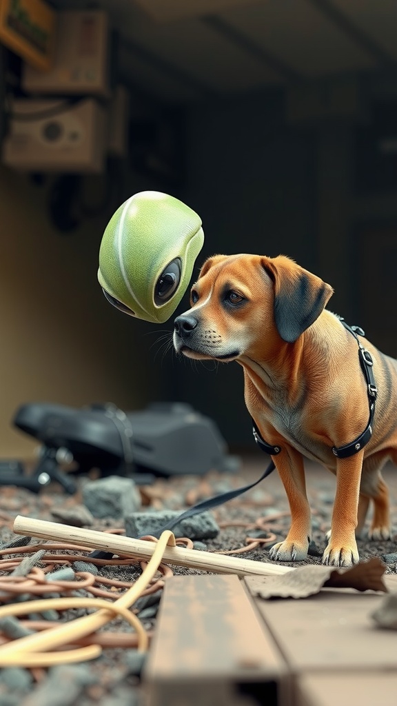 A small brown dog with a harness curiously faces a floating, futuristic robotic orb with large eyes. The setting appears to be an urban backyard or alley, filled with varied textures like pebbles and fallen leaves. The scene blends elements of the familiar with the fantastical, capturing a moment of intrigue and wonder.