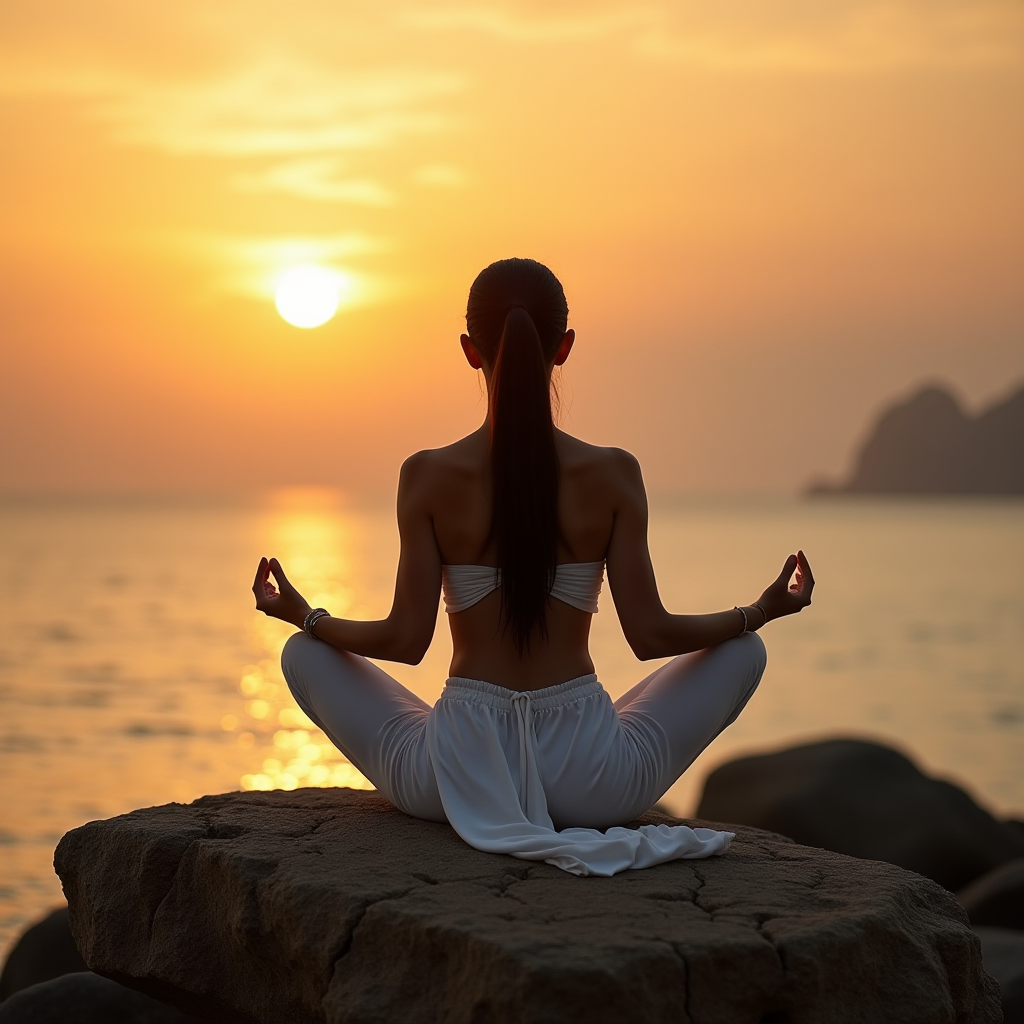 A person meditates on a rock by the sea during a vibrant sunset.