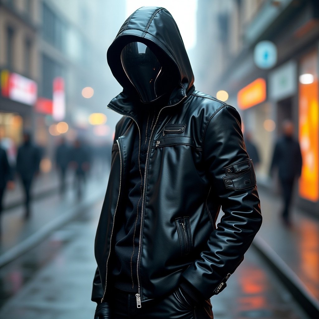 A figure wearing a black hooded jacket stands confidently on a rainy urban street. The jacket is glossy, giving a reflective look. The background features blurred city lights and people walking.