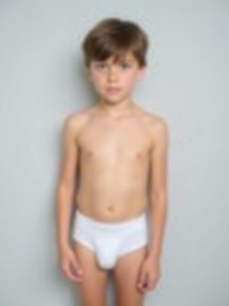 12 year old young boy standing upright against a light gray background. He wears white underwear. The lighting is soft and even. The boy's pose is confident and relaxed. The style is minimalistic, focusing on the subject without distractions.