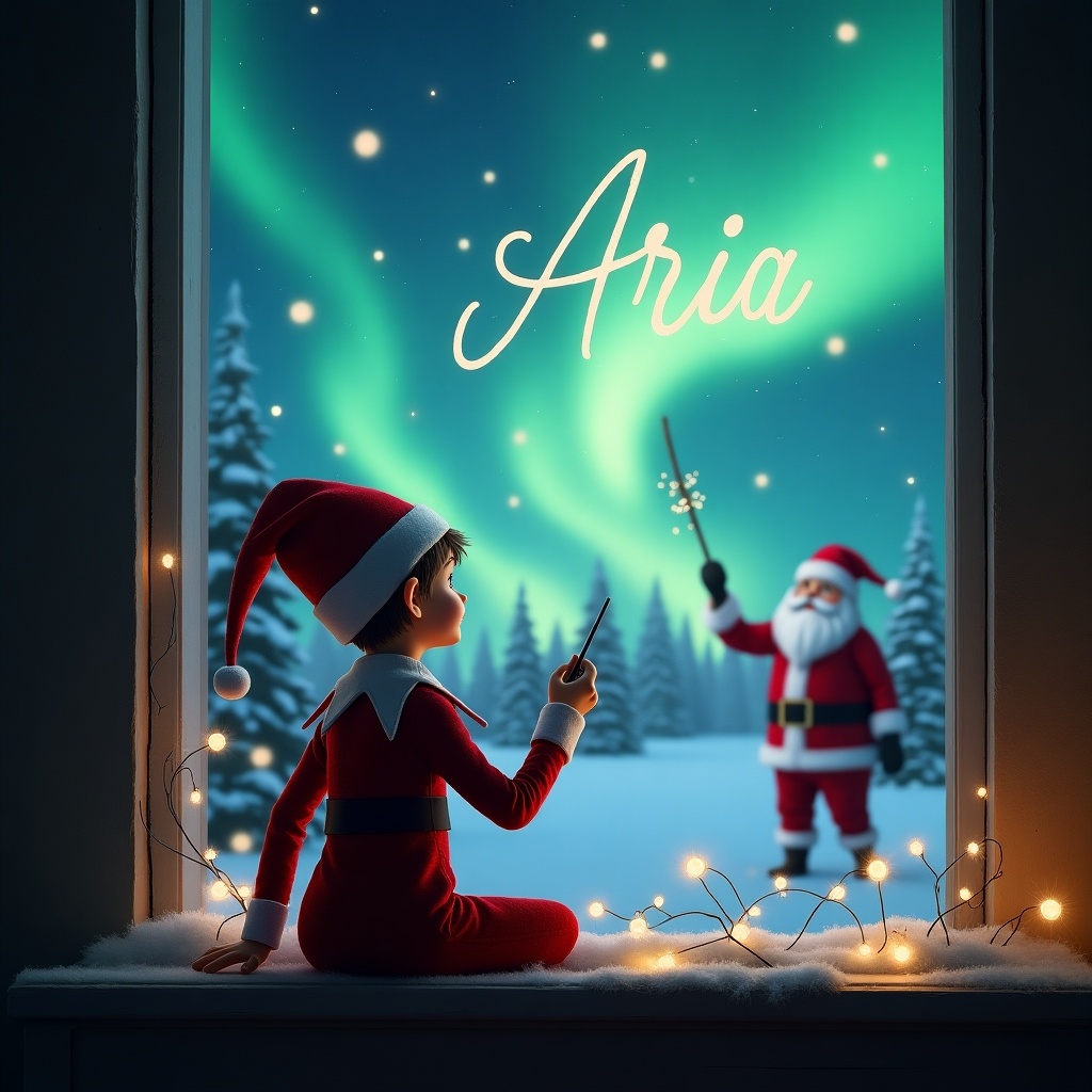 The image features an enchanting scene centered around an elf on the shelf. The elf is facing away from the viewer, gazing up at the night sky while holding a wand that emits magical light. With this wand, the elf is writing the name 'Aria' in the starry sky. In the background, the majestic northern lights dance above a snowy landscape filled with trees. To add to the magic, Santa Claus can be seen in the background, enhancing the festive atmosphere. Delicate fairy lights are draped around the window sill, adding warmth to the scene. Overall, it captures the essence of Christmas magic and wonder.