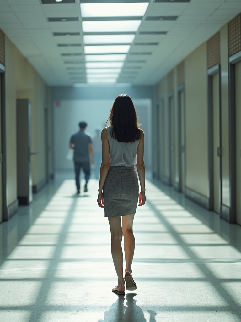 Real-life photography showing a woman with white skin in a short dress and flip flops walking towards the camera. Long hallway with bright overhead lights. Back view. Soft shadows enhance the atmosphere.