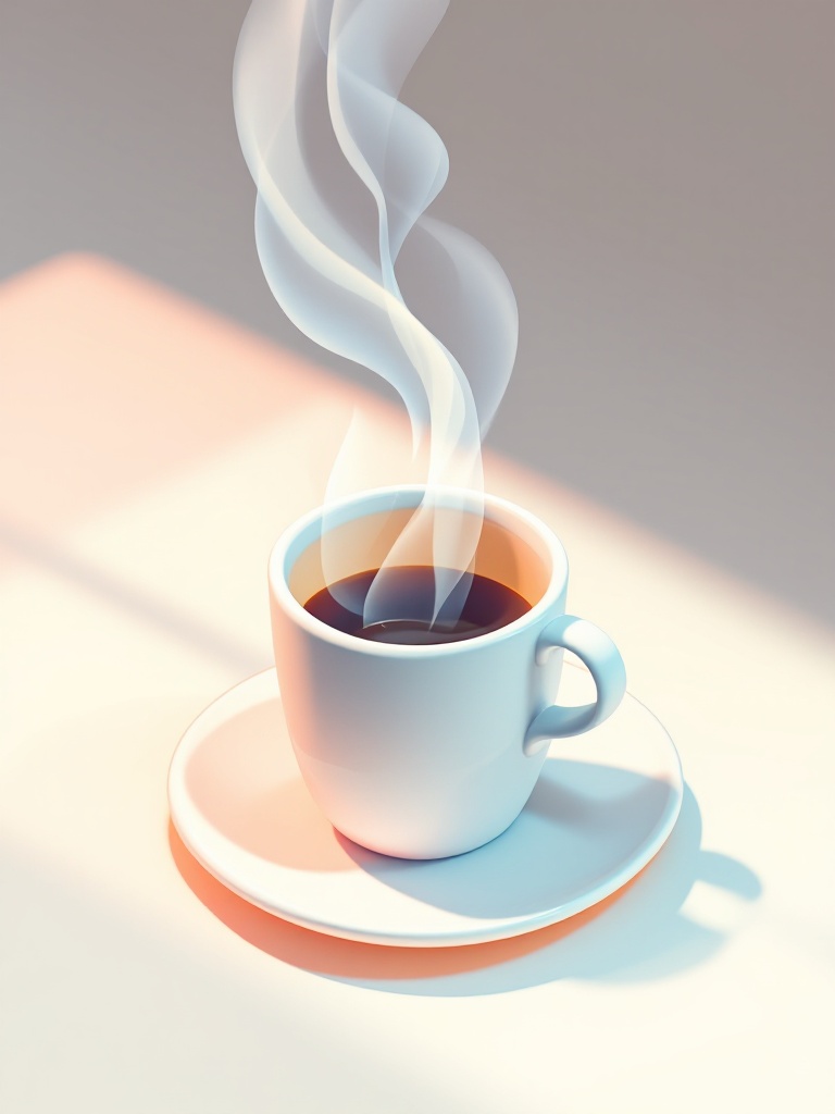 Isometric art features a coffee cup. The steam rises elegantly. Summer colors dominate the palette. Design is minimal and aesthetic. The focus is on creativity and ideas.