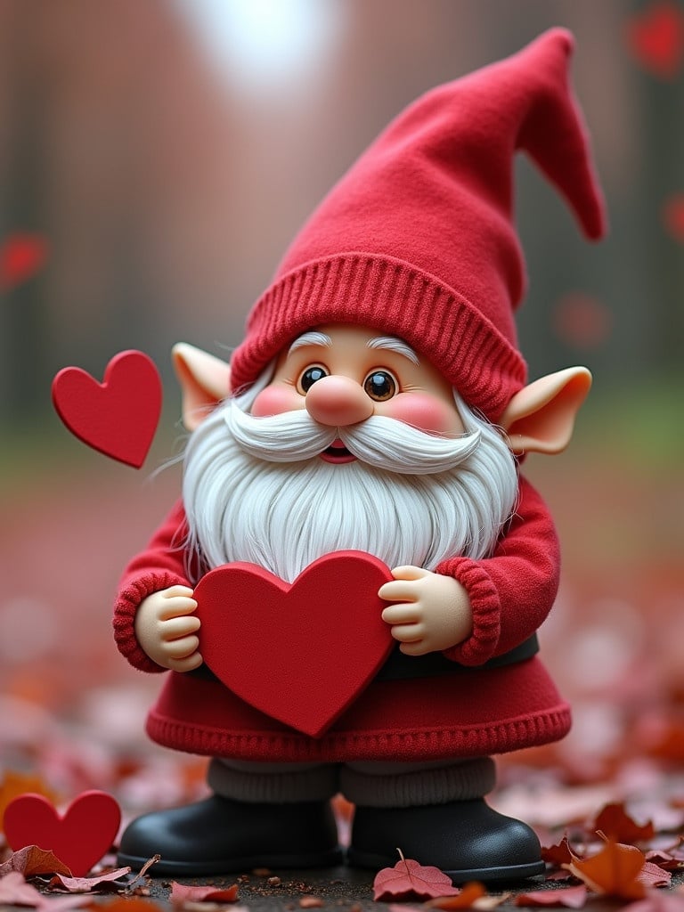 A gnome character named Ludmila is featured. The gnome wears a red hat and holding a heart. The background has autumn leaves. The scene depicts themes of love and Valentine's Day.