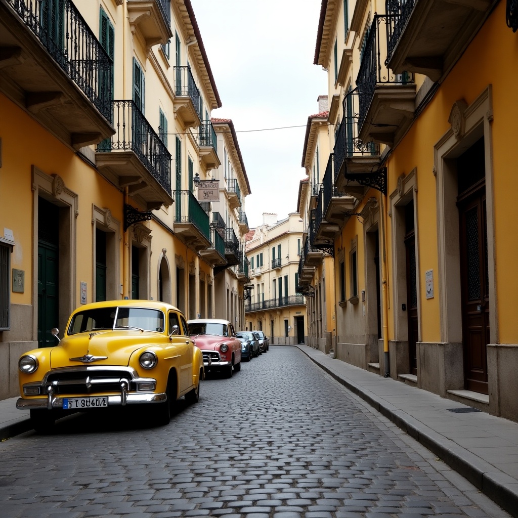 Narrow street with cobblestones features vintage yellow vehicles and old buildings. Urban area setting.