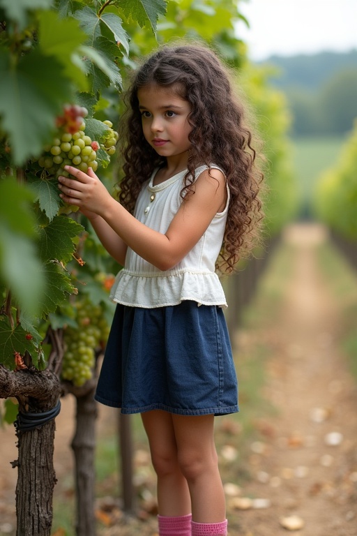 Young girl with curly dark brown hair stands in vineyard. She wears a white top and dark blue skirt. She checks grapes on vine with care.