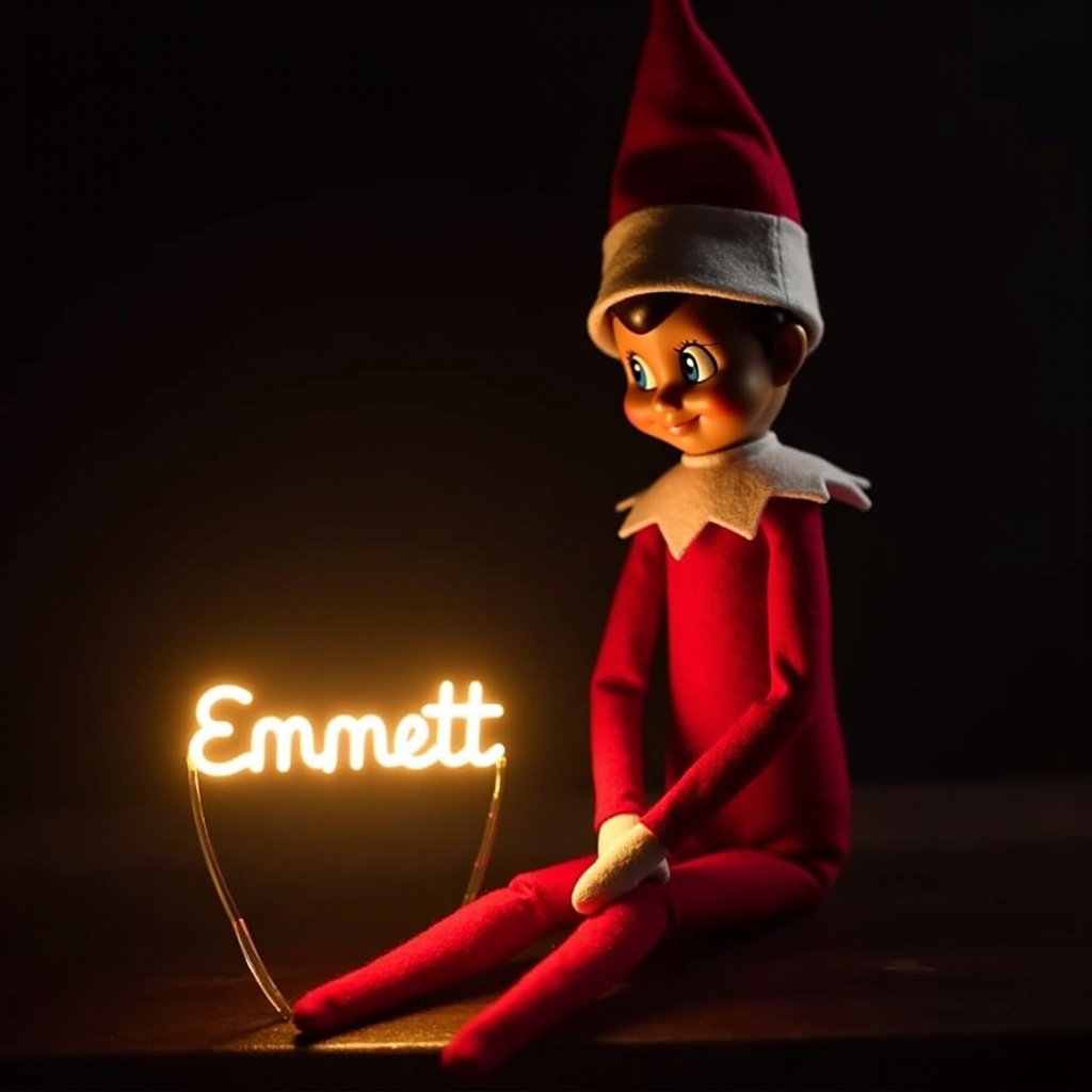 This image features an elf on the shelf character, dressed in traditional red and white attire. The elf is holding a glow stick that forms the name 'Emmett' in bright, soft light. The background is dark, which enhances the glowing effect of the text. It creates a warm, festive atmosphere, embodying the joy of the holiday season. The scene evokes feelings of magic and cheer associated with Christmas celebrations.