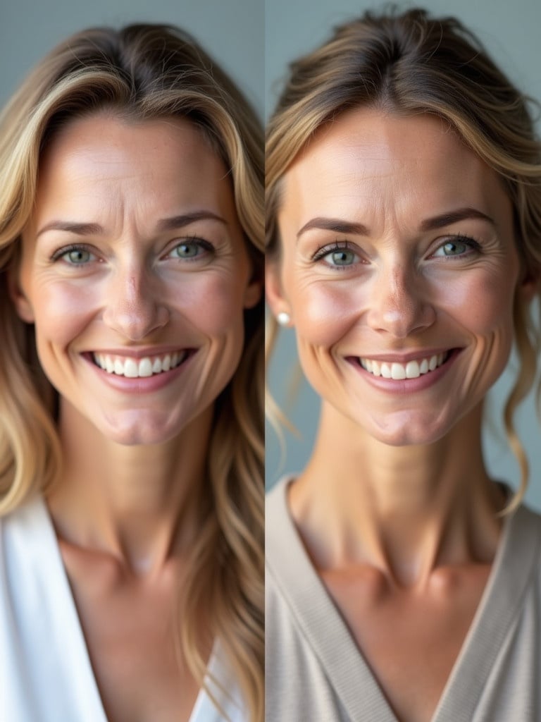 Image displays before and after effects of anti-aging LED therapy treatment. First image shows woman with neutral expression. Second image showcases woman smiling after treatment. Both images highlight improved skin texture and tone.