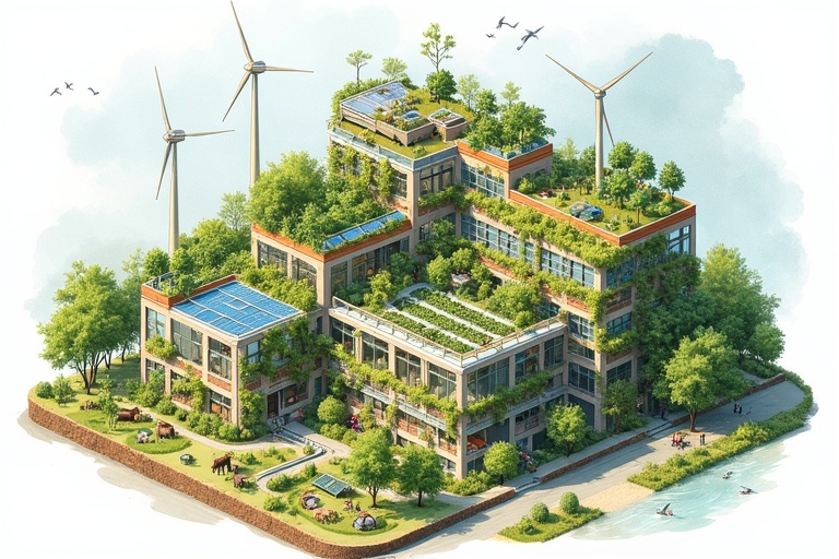 Isometric illustration of a sustainable city integrated with nature. Features vertical farms wind turbines and solar panels. Displays a circular food system livestock and greenhouses. Includes natural water filtration systems and diverse housing styles. Watercolor style renders the scene. Contains Dutch text labels detailing each element. A harmonious integration of architecture and nature.