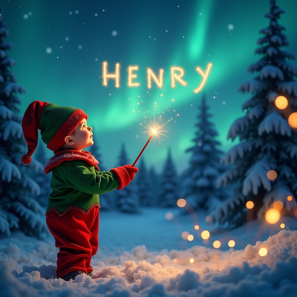 Cheerful scene with child in elf costume gazing at the night sky. Child uses wand to spell 'Henry' with sparkling letters. Backdrop has northern lights and snowy landscape with evergreen trees. Foreground has glowing fairy lights. Magical atmosphere evokes holiday joy and childlike wonder.