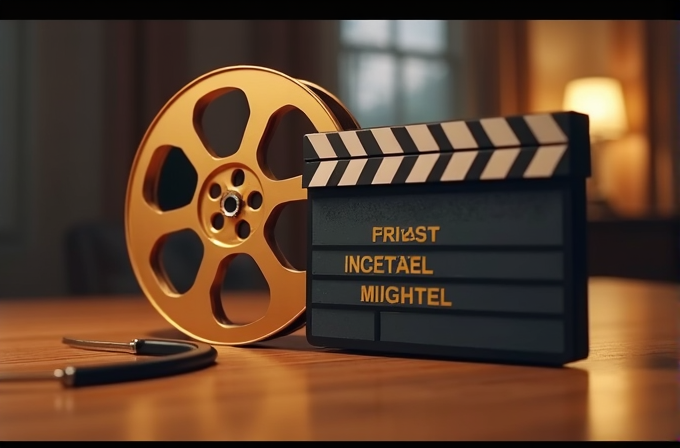 A film reel, clapperboard, and stethoscope on a wooden table in a warmly lit room.