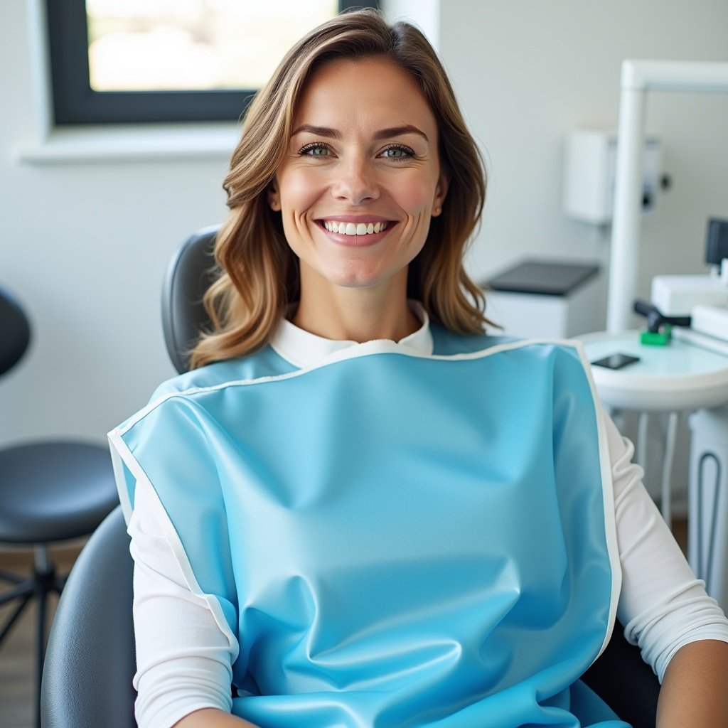 This image features a beautiful woman sitting comfortably in a dentist's chair. She is smiling warmly, and her demeanor exudes calmness and positivity. The woman is wearing a shiny blue plastic bib that is soft and drapes down to her waist, highlighting the dental setting. The background is modern and bright, showcasing dental equipment, which emphasizes the professionalism of the environment. The overall atmosphere conveys the importance of routine dental care and the comfort patients can feel during their visits.