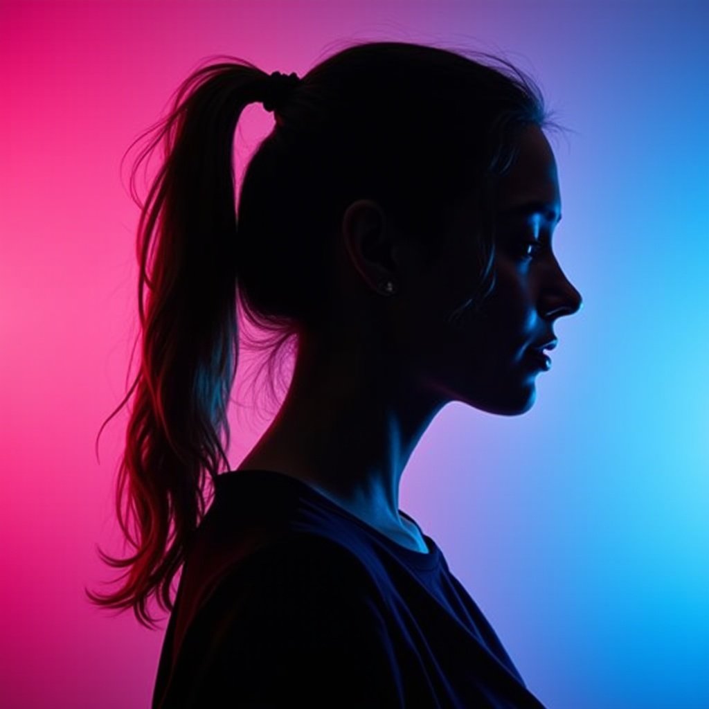 Silhouette of a person with hair tied back in a ponytail. Background transitions from deep pink to bright blue. Light creates contrast, highlighting contours. Modern artistic effect from color blend.