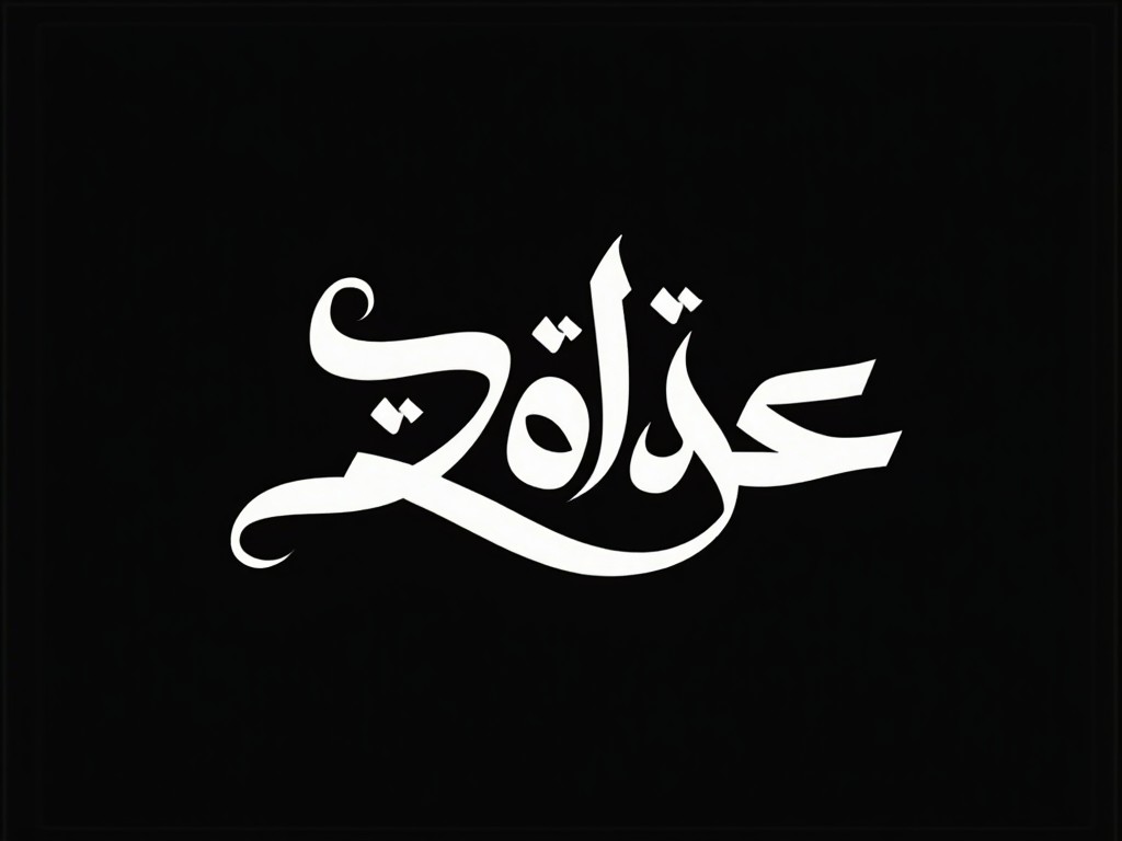 The image features stylized Arabic calligraphy, elegantly arranged in a dynamic composition. The text is predominantly in white, set against a stark black background, creating a striking contrast. The calligraphy appears fluid and expressive, showcasing intricate loops and curves. Each character blends harmoniously, contributing to the overall artistic aesthetic. The play of light and shadow enhances the depth of the letters, emphasizing their graceful forms. This artwork reflects a modern approach to traditional calligraphic art, merging creativity with cultural heritage.