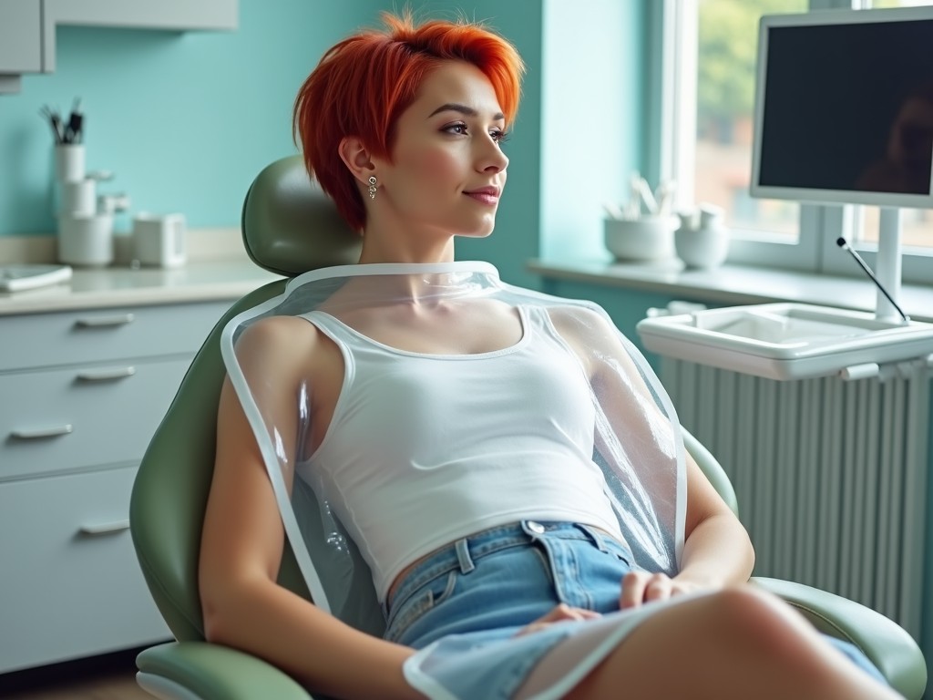 In a dental clinic setting, a beautiful woman with short red hair relaxes in a dentist chair. She wears a stylish white tank top and a denim skirt, paired with elegant earrings. A large clear PVC mealtime bib with white edges drapes over her, extending down to her knees. The room is painted in soft turquoise, creating a calming atmosphere. Natural light fills the space, adding warmth to the scene.