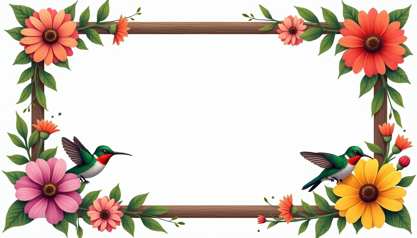 Horizontal frame 30 centimeters high by 40 centimeters wide decorated with small colorful flowers and hummingbirds in the corners.