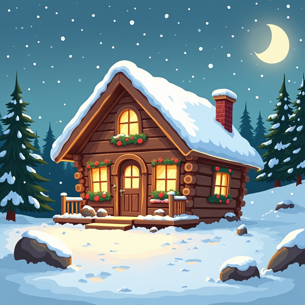 A cozy wooden cabin in a snowy landscape. Cabin decorated for Christmas. Cartoon style illustration. Nighttime scene with snow.