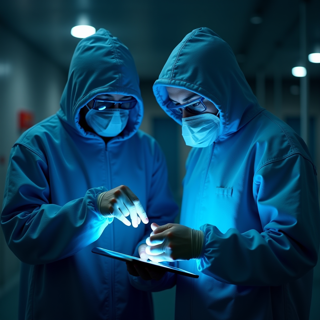 Two healthcare professionals in protective suits consult a glowing tablet in a dimly lit medical environment.