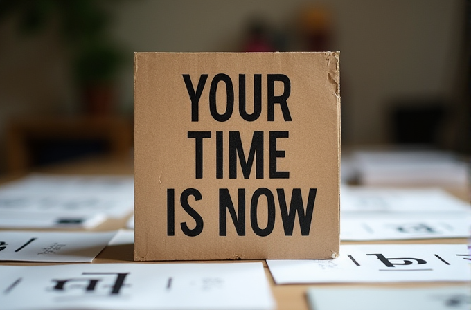 A brown cardboard box with the text 'YOUR TIME IS NOW' is surrounded by scattered papers on a table.