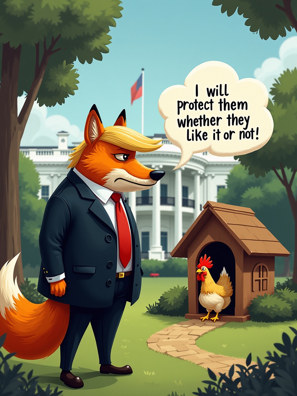 The image shows a cartoon-style fox resembling a well-known political figure, dressed in a formal suit and standing in a garden setting resembling the White House. The fox has an assertive expression and is looking towards a hen house beside him. A chicken is just outside its house. Above the fox, there is a speech bubble reading, 'I will protect them whether they like it or not!' This scene conveys humor and commentary around themes of protection and leadership. The colors are vibrant, and the characters are designed in a whimsical style, making it appealing for a variety of audiences.