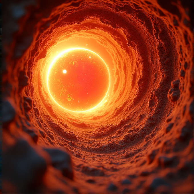 A glowing orange tunnel leads to a bright, fiery sphere surrounded by stars.