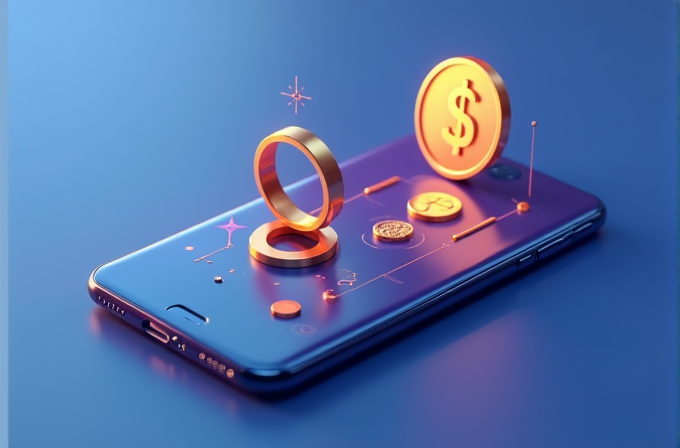 A smartphone displays various golden currency symbols in a futuristic 3D design.