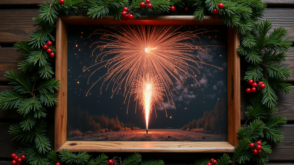 A framed image of fireworks bursting in the night sky, surrounded by a wooden frame adorned with evergreen branches and red berries, evoking a holiday atmosphere.