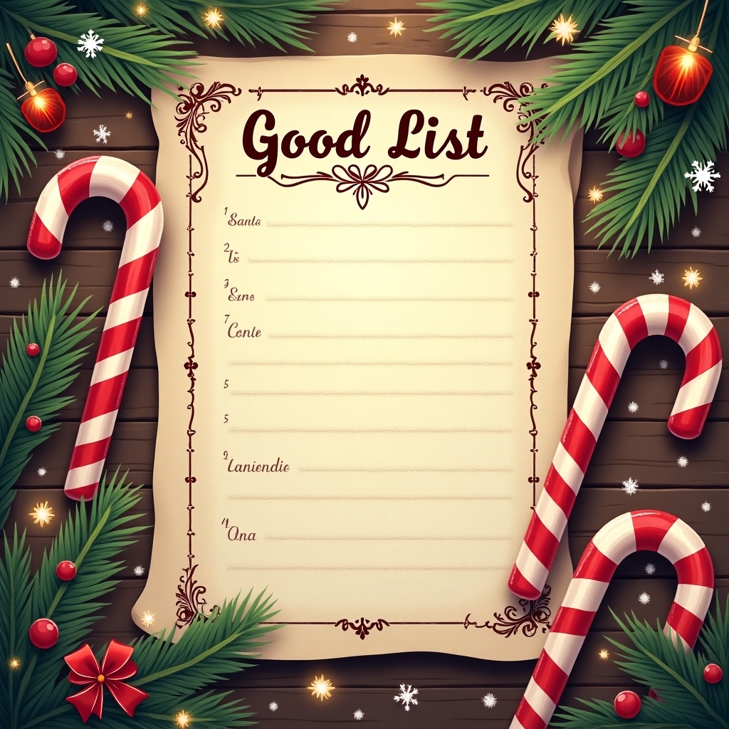 This image features a decorative 'Good List' parchment for the holiday season. It is framed with lush green pine branches adorned with red and gold ornaments. On either side of the list are classic candy canes, enhancing the festive feel. The top of the parchment prominently displays 'Good List' in an elegant font. This design is perfect for capturing the essence of Christmas spirit, combining traditional elements with a cheerful vibe.