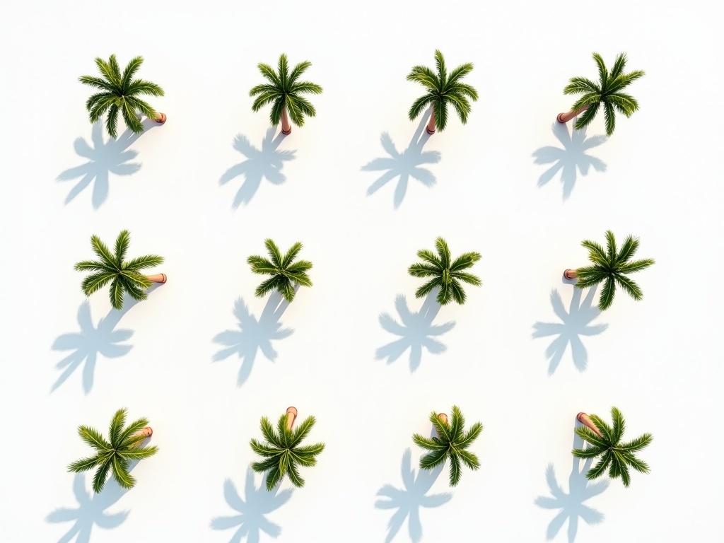 This image features an overhead, top-down view showcasing four rows of palm trees set against a pure white background. Each tree is perfectly aligned in a symmetrical grid, evenly spaced apart. A strong singular light source from the center casts sharp, linear shadows that radiate outward in precise angles. This creates a starburst effect with the shadows, contributing to the surreal ambiance of the scene. The stark contrast between the green trees, the deep black shadows, and the white background enhances the uncanny feel of the composition.