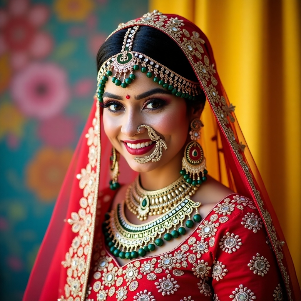 Maharaahtrain bride wearing lehnga for wedding. Beautiful floral background. Traditional jewelry and makeup. Bright colors. Elegant posture. Focus on attire and accessories.