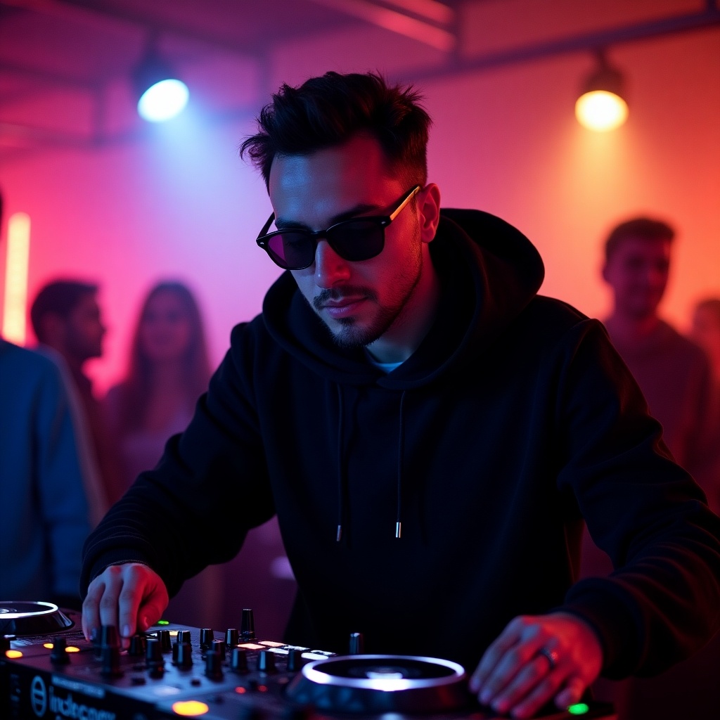 DJ performing in a club setting Focus on mixing console DJ wears sunglasses and a black hoodie Background features illuminated walls