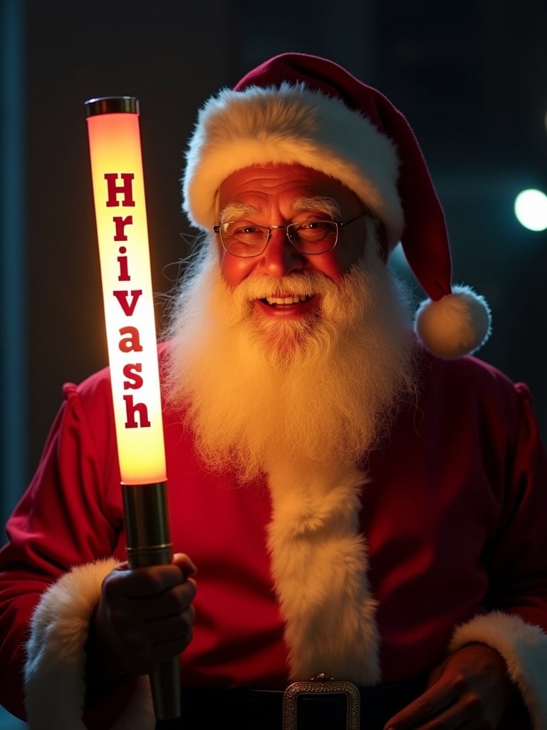 Santa Claus in red suit holds glow stick with name 'Hrivash' against dark background. Bright glow highlights festive scene and showcases holiday cheer.