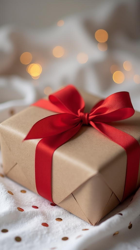 A wrapped gift box with a red ribbon, set against a softly blurred background of twinkling lights.