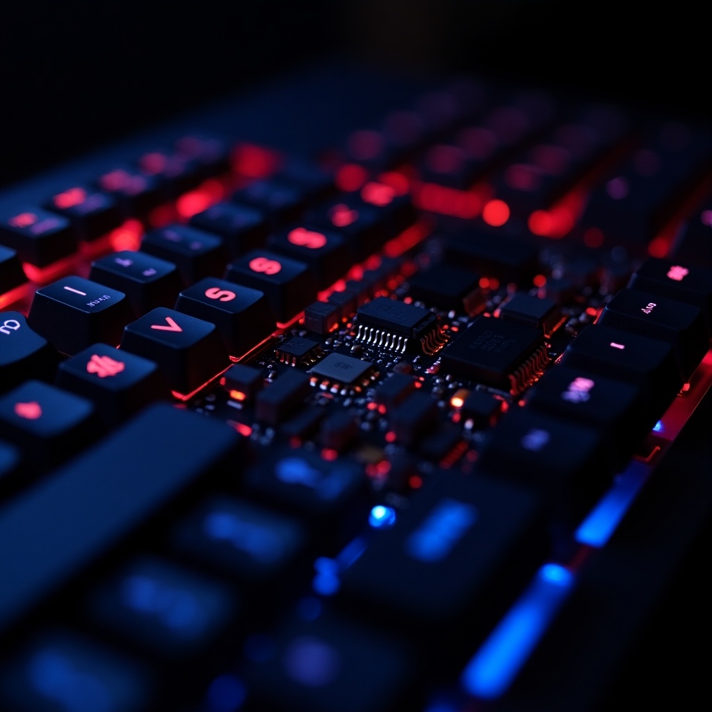 Close-up image of a computer keyboard showing the circuit board and components. Keyboard illuminated by red and blue lighting.