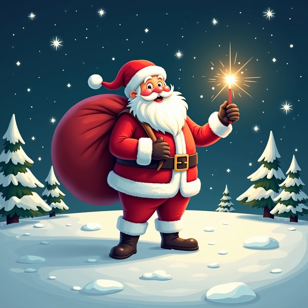 The image features a cheerful Santa Claus standing in a snowy landscape. He has a large red sack slung over his shoulder and is holding a sparkly wand. Santa is dressed in his traditional red and white outfit, complete with a belt and boots. Behind him, the night sky is illuminated with twinkling stars. Pine trees dot the snowy ground, encapsulating a festive winter atmosphere.