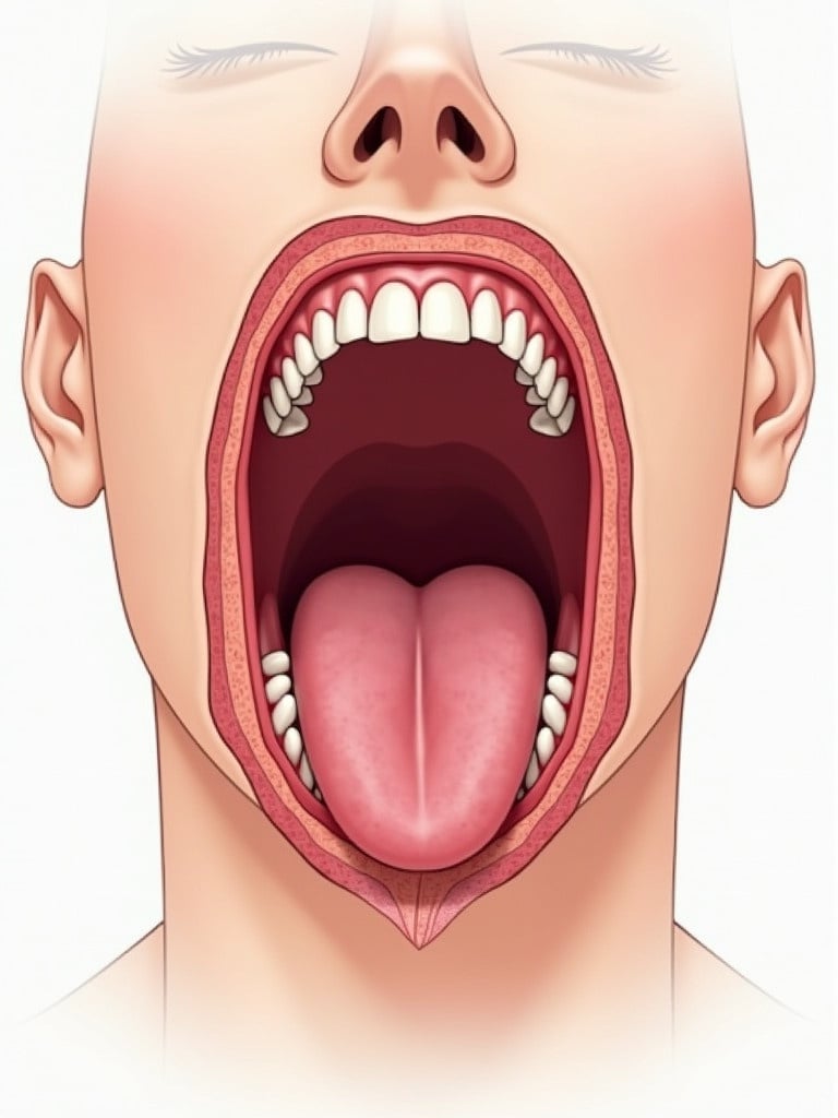 Illustration of throat opening. Focus on the inside of the mouth. Educational purpose. Anatomical details visible.