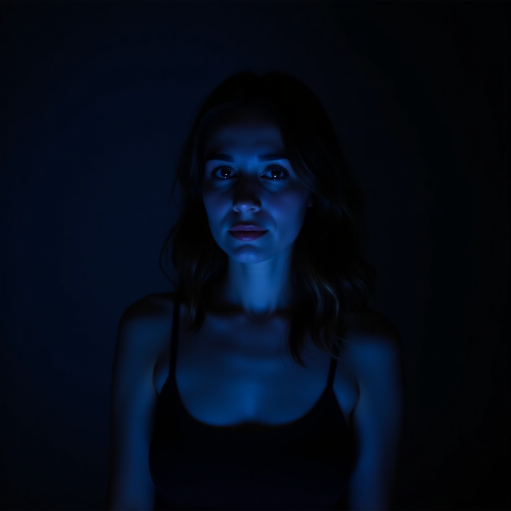 A woman in a dark setting illuminated with a gentle blue light.